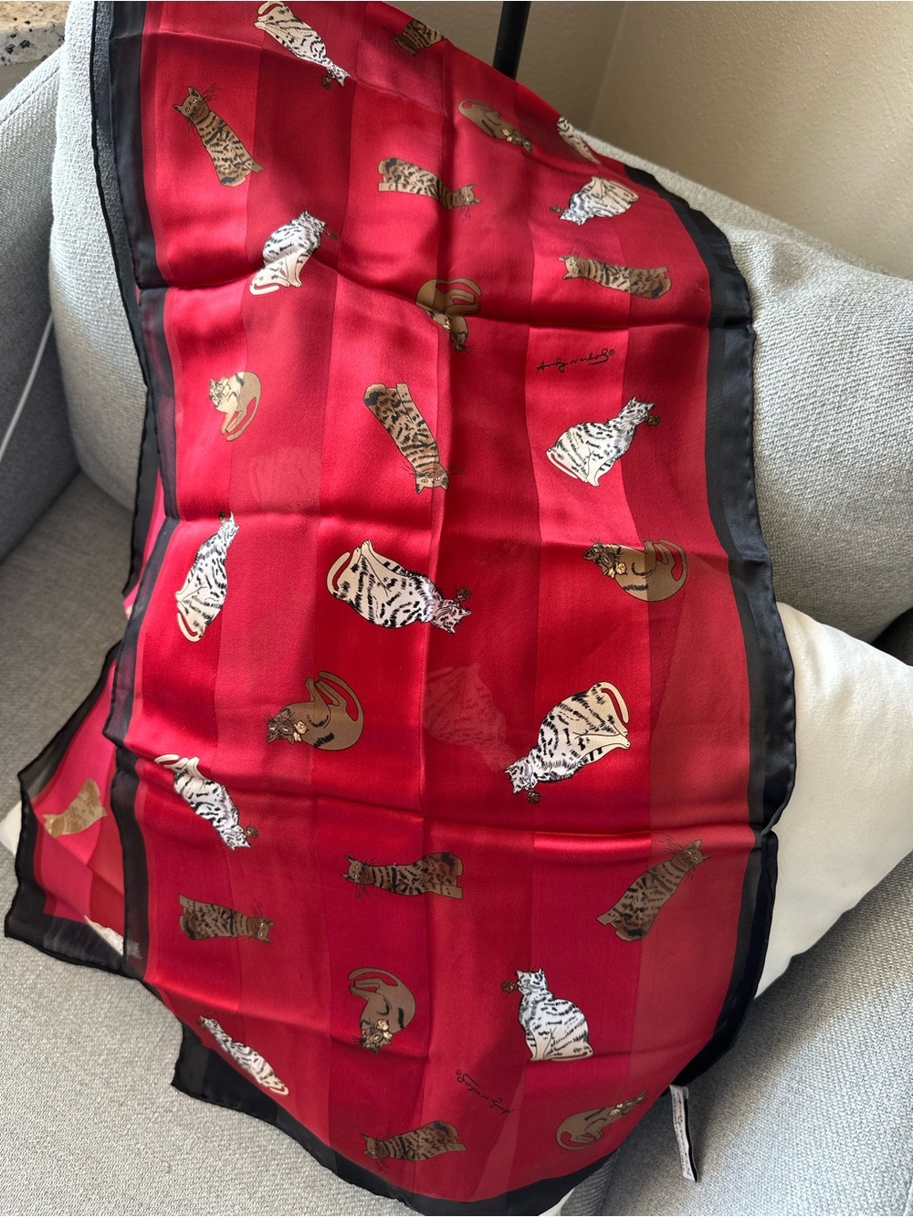 Vintage Andy Warhol Museum Co 100% Silk Cat Scarf Red Black Stripe Signature